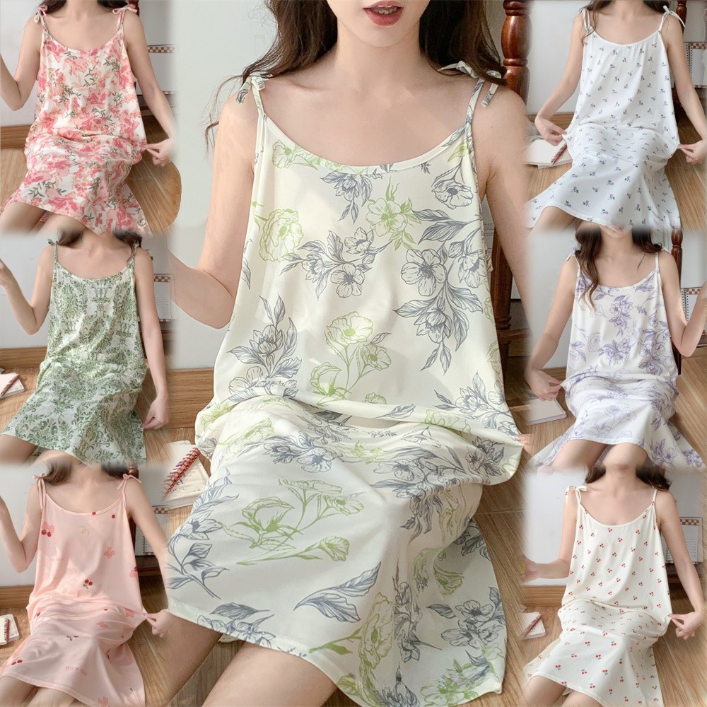 New Suspender Nightdress Women's Summer Skin-friendly Printed Pajamas Nightdress Summer Long Holiday Can Be Worn Outside Home Wear Nightgowns