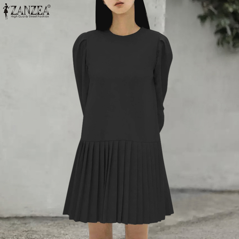 Zanzea phong cách Hàn Quốc Đầm nữ kỳ nghỉ thời trang phồng tay áo dài xếp li soild Đầm Mini giản dị #10