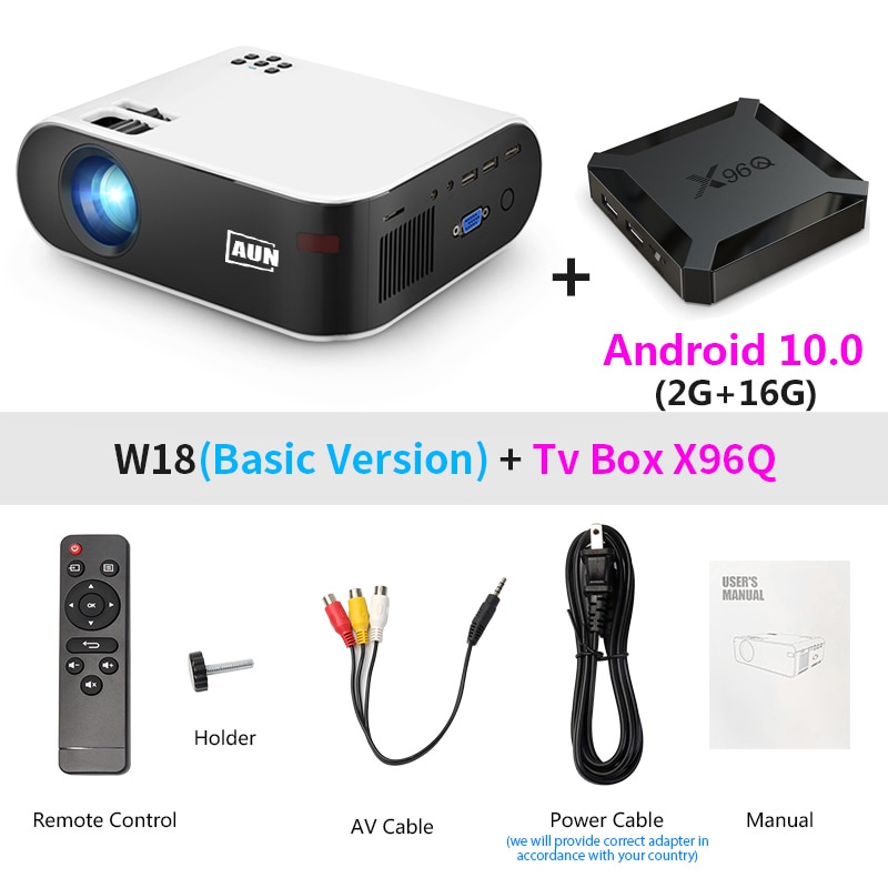 AUN MINI Projector W18, 2800 Lumens (Optional Android 6.0 wifi W18D), support Full HD 1080P LED Projector 3D Home Theater