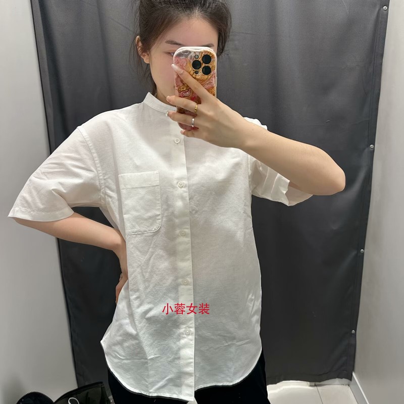 Mới 2024 Uniqlo phòng thử đồ quần áo nam Phụ Nữ mùa hè đôi Cotton Linen Đứng Áo có cổ ngắn tay thườn