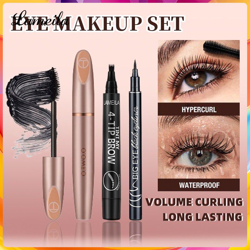 Lameila trang điểm mắt 3 cái Bộ O.TW o.o 3D sợi lụa Mascara Lông Mi bền lâu Mascara + bốn-pronged Bút Chì Kẻ Lông Mày + không thấm nước Bút kẻ mắt nước bút Bộ mỹ phẩm