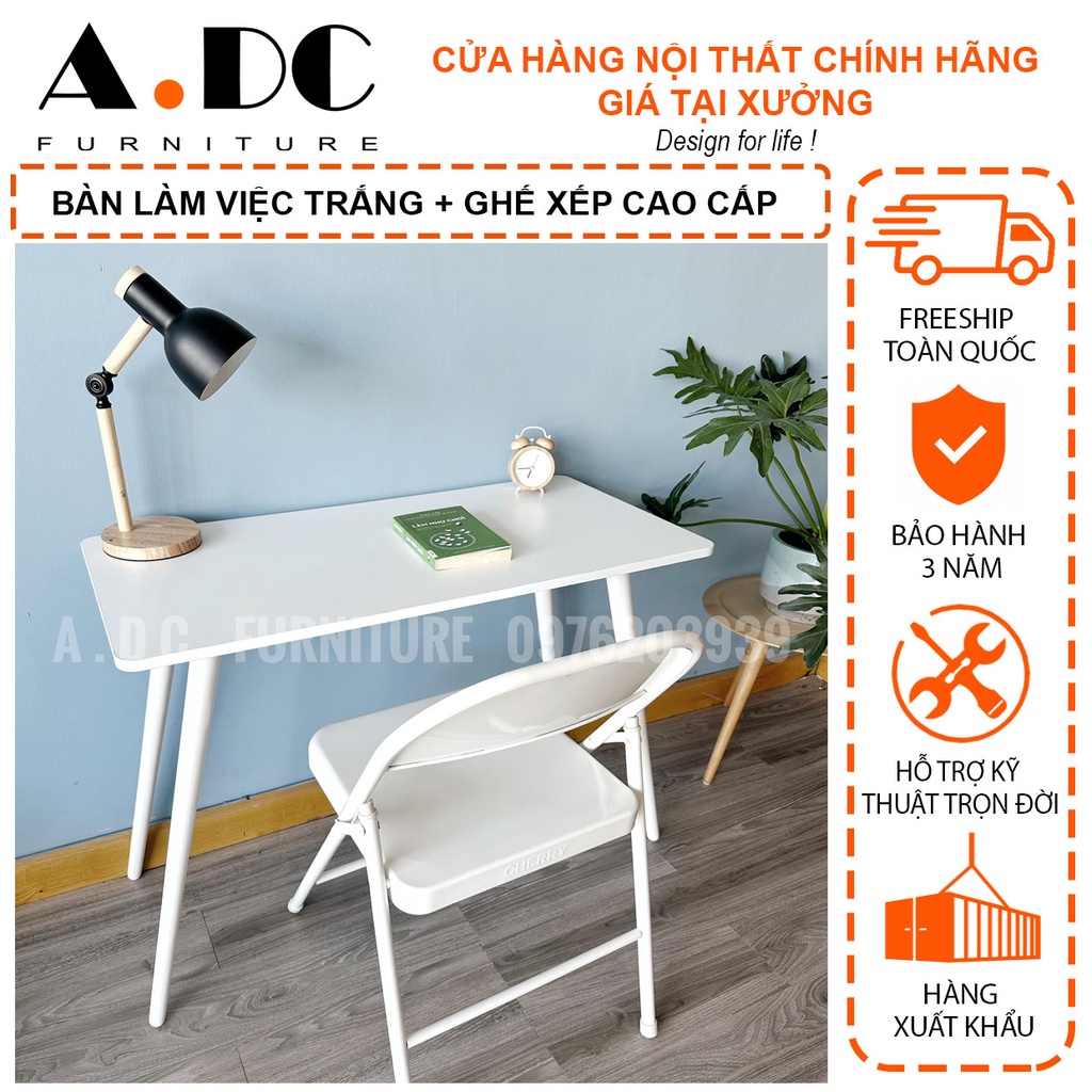 Bàn làm việc học tập, chân gỗ cao su tự nhiên full trắng - Ghế xếp gọn sơn tĩnh điện cao cấp