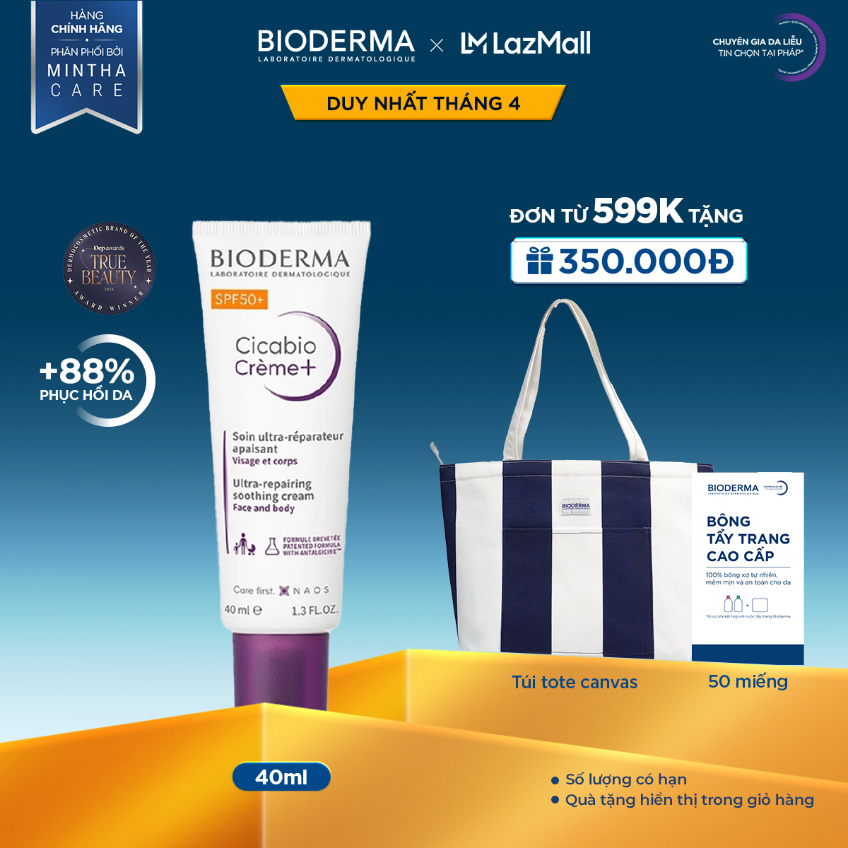 Kem phục hồi da tổn thương, ngăn ngừa sẹo và hạn chế tăng sắc tố cho da Bioderma Cicabio Crème+ SPF50+ 40ml