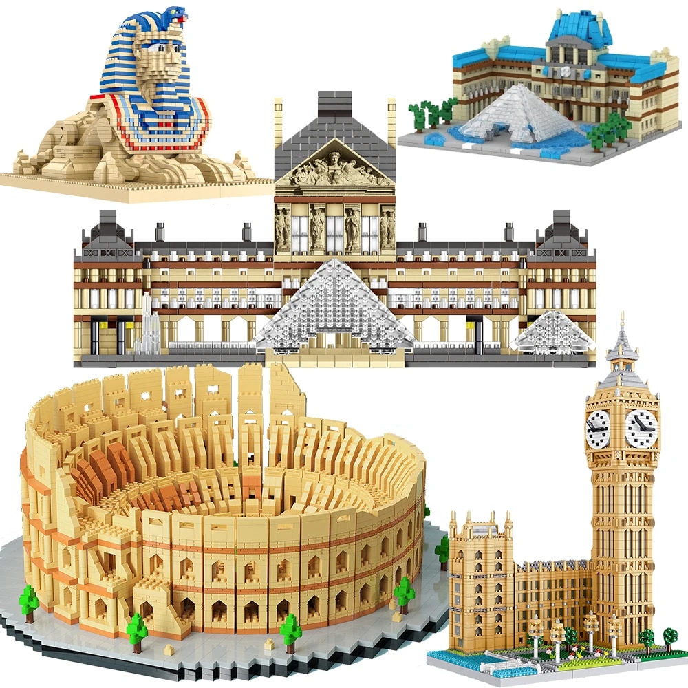 Compatible with LEGO Bảo tàng Colosseum Bảo tàng Louvre Nhân sư Kiến trúc kim cương Microblock Tòa nhà Quốc hội Gạch Paris Tháp Eiffel Tòa nhà Big Ben London