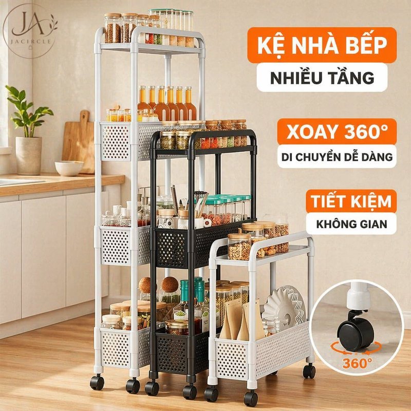 JACIRCLE Kệ đựng đồ nhiều tầng dạng khe hẹp có bánh xe xoay 360 độ tiết kiệm không gian dùng cho nhà bếp phòng tắm ban công