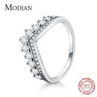 Modian Fashion Real 925 Sterling Zircon Crown Finger Ring Classic Stackable Silver Jewelry For Women Wedding Christmas Gift