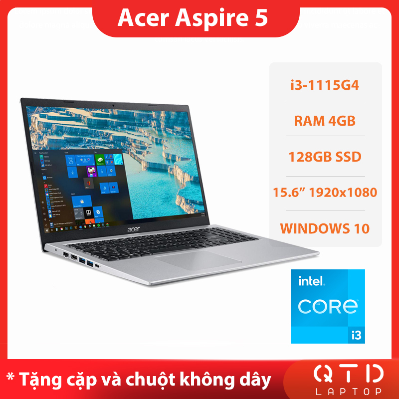 Acer Aspire 5 Core i3-1115G4/ 4GB/ 128GB/ 15.6FHD (1920 x 1080)/ Iris Xe Graphics Webcam/ Windows 10 (Pure Silver)