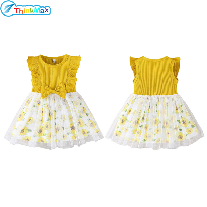Girls Cotton Round Neck Dress Sleeveless Bowknot A Line Tulle Princess Dresses Summer Casual Beach Sundress ราคา 215 บาท*ส่งฟรี