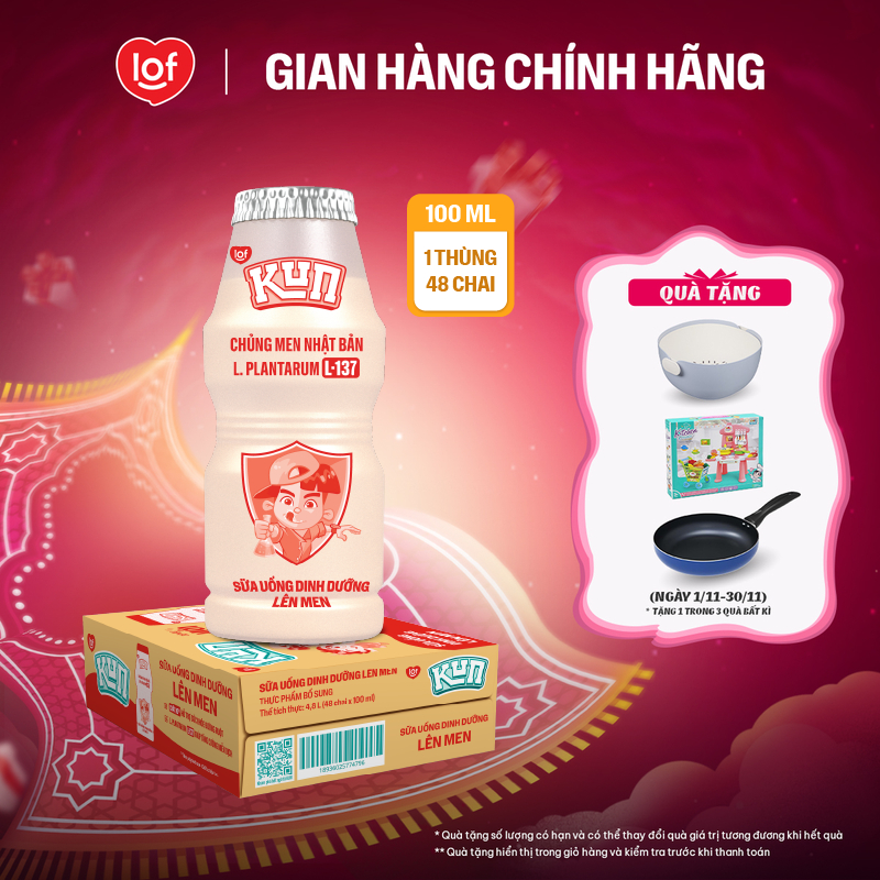 Sữa chua uống KUN dinh dưỡng lên men có đường thùng 48 chai x 100ml