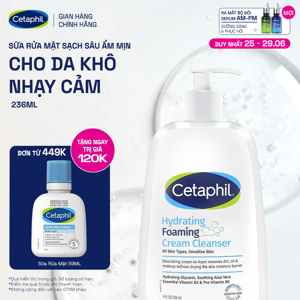 [GIẢM ĐẾN 24% + QUÀ 120K] Sữa rửa mặt tạo bọt dịu lành cho da khô nhạy cảm Cetaphil Hydrating Foaming Cream Cleanser 236ml [HSD 08/2026]