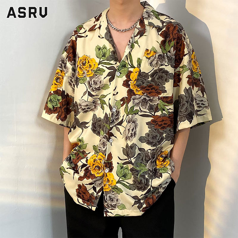 ASRV Men's retro vintage style high-end beach shirt V-neck vacation style short-sleeved casual shirt ราคา 161 บาท*ส่งฟรี