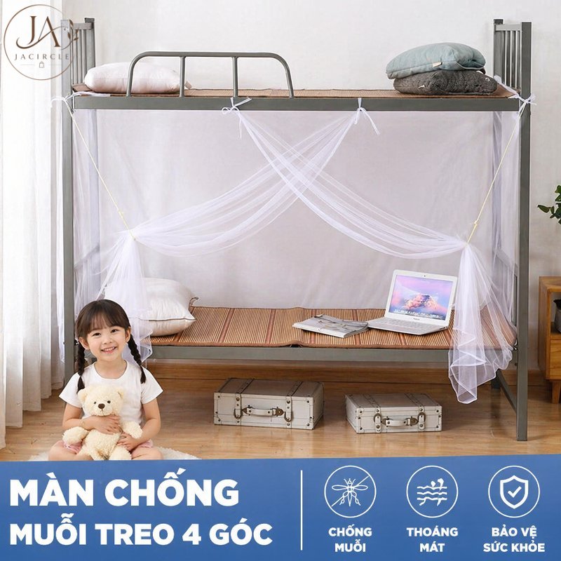 JACIRCLE màn tuyn 4 góc chống muỗi vải dày cửa kéo thoáng khí gấp gọn nhiều size phòng ngủ ký túc xá