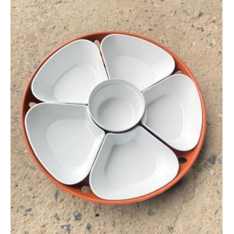 Bộ bát đĩa hình hoa mai 5 cánh nhựa phíp trắng bóng bao gồm 5 đĩa cánh hoa 1 bát