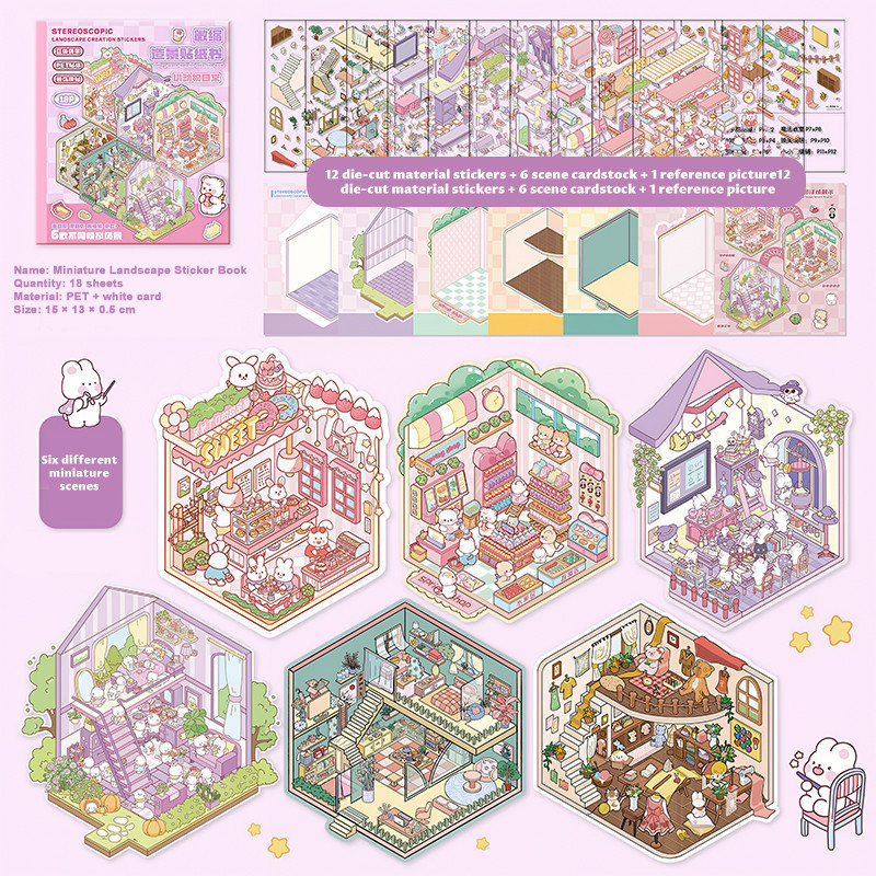 3D Stereo Small House Scenery Sticker Book 50 pcs 20 Themes Miniature Scene Collection Book for DIY