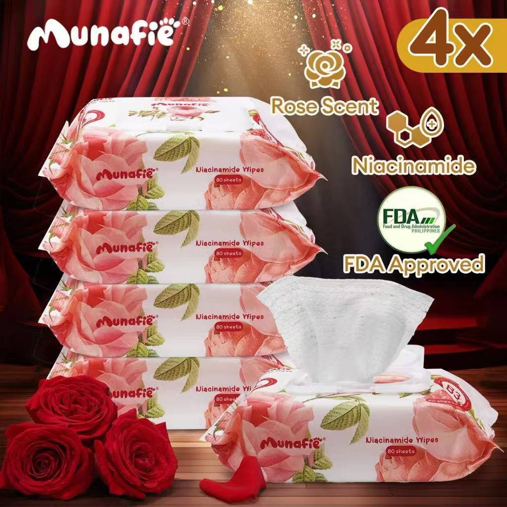 (4packs) Munafie Rose Scented Niacinamide Cleansing Wipes 80 Sheets Alcohol Free Wet Wipes Big Size