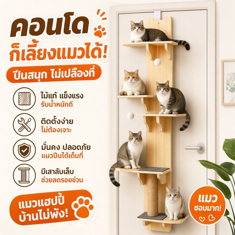 AimayaPet คอนโดแมว ที่ปีนแมว แบบแขวนประตู ไม้ เฟอร์นิเจอร์แมว ประหยัดพื้นที่ บ้านแมว แมวหลายตัว ติดตั้งง่าย ราคา 1,836 บาท*ส่งฟรี