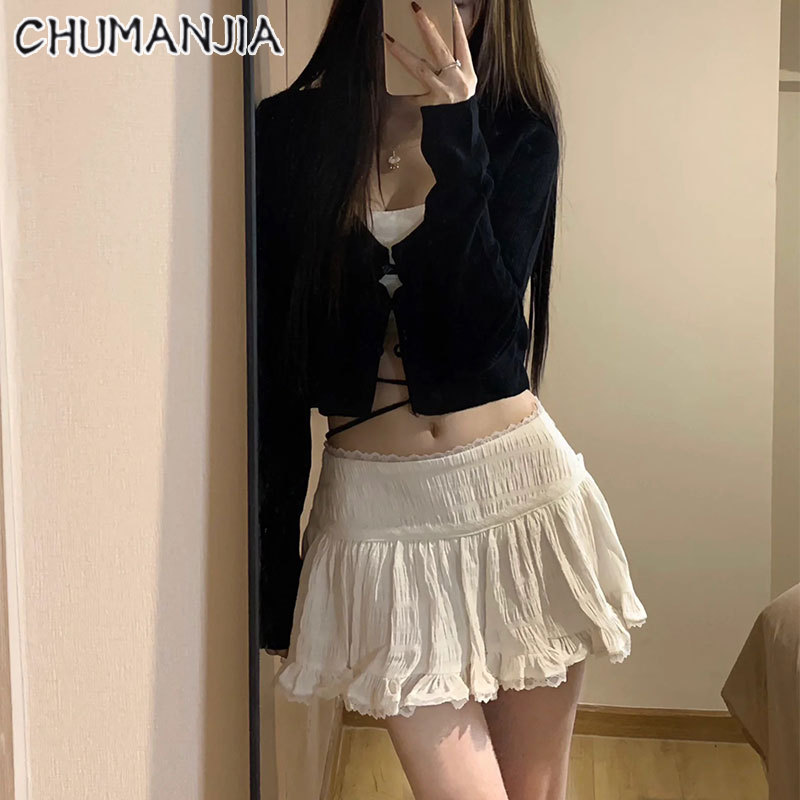 Chu Man Jia White viền ren Cake A-line váy nữ eo cao Chân Váy Ngắn Trắng