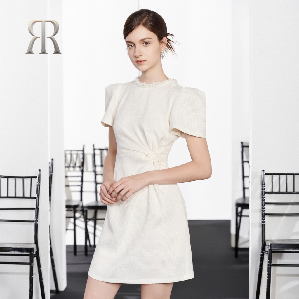 Rập - đầm cổ tròn đính dây tweed tay ngắn eo xoắn - heritage 05