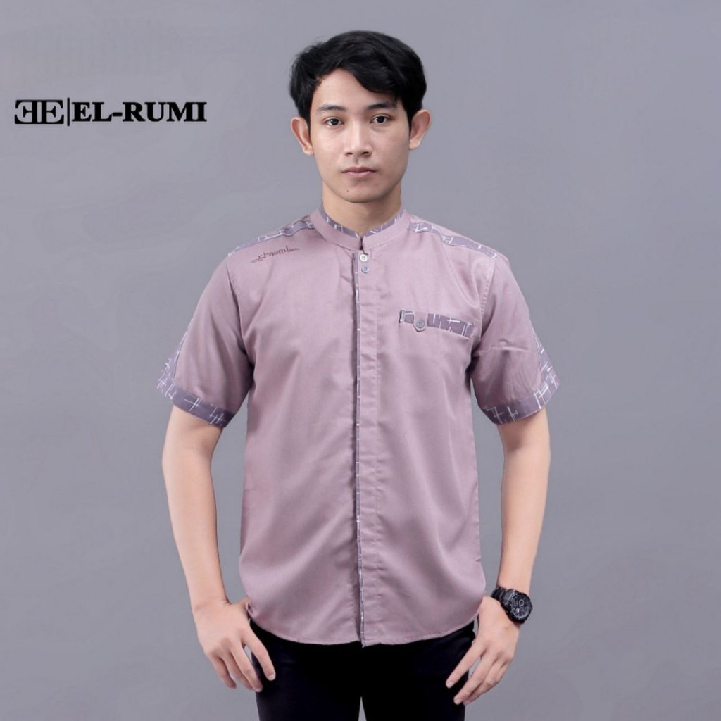 Baju Koko Pria Elrumi Lengan Pendek Motif Yisunsin Warna Lilac Kombinasi Batik