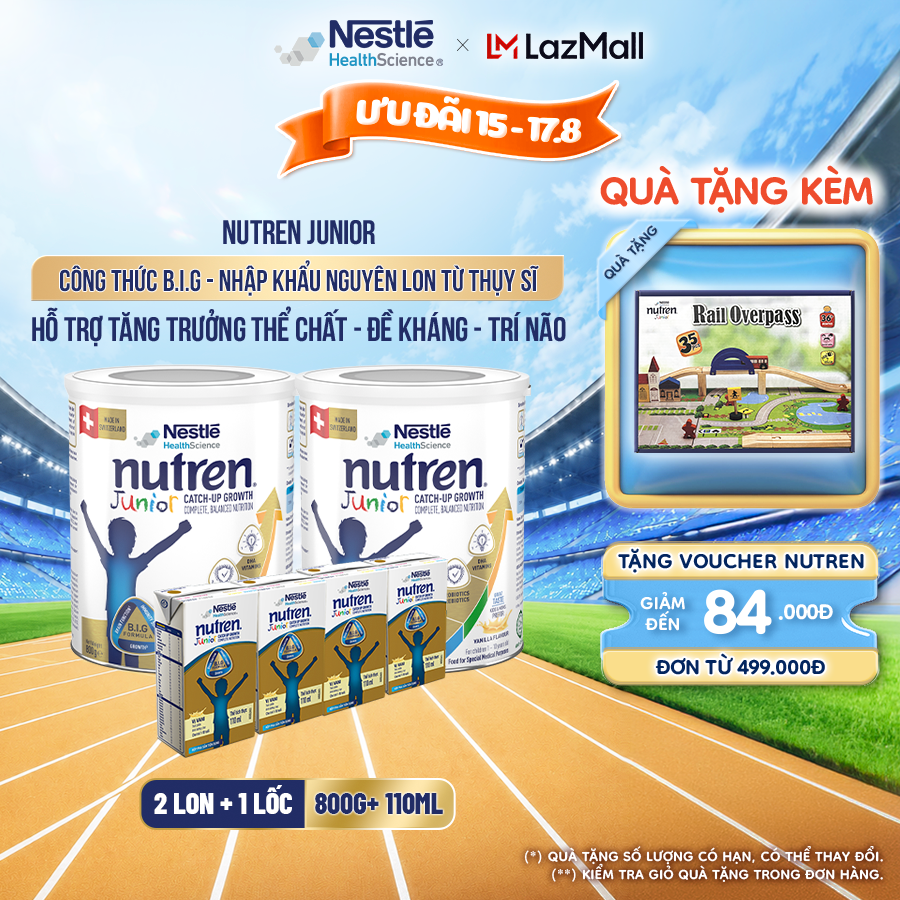 Bộ 2 Sữa Bột Dinh Dưỡng Y Học NESTLÉ NUTREN JUNIOR Xuất Xứ Thụy Sĩ Công Thức BIG Hỗ Trợ Tăng Trưởng Thể ChấtTrí NãoĐề Kháng Cho Bé 800G + 1 Lốc Sữa pha sẵn 110ML/hộp