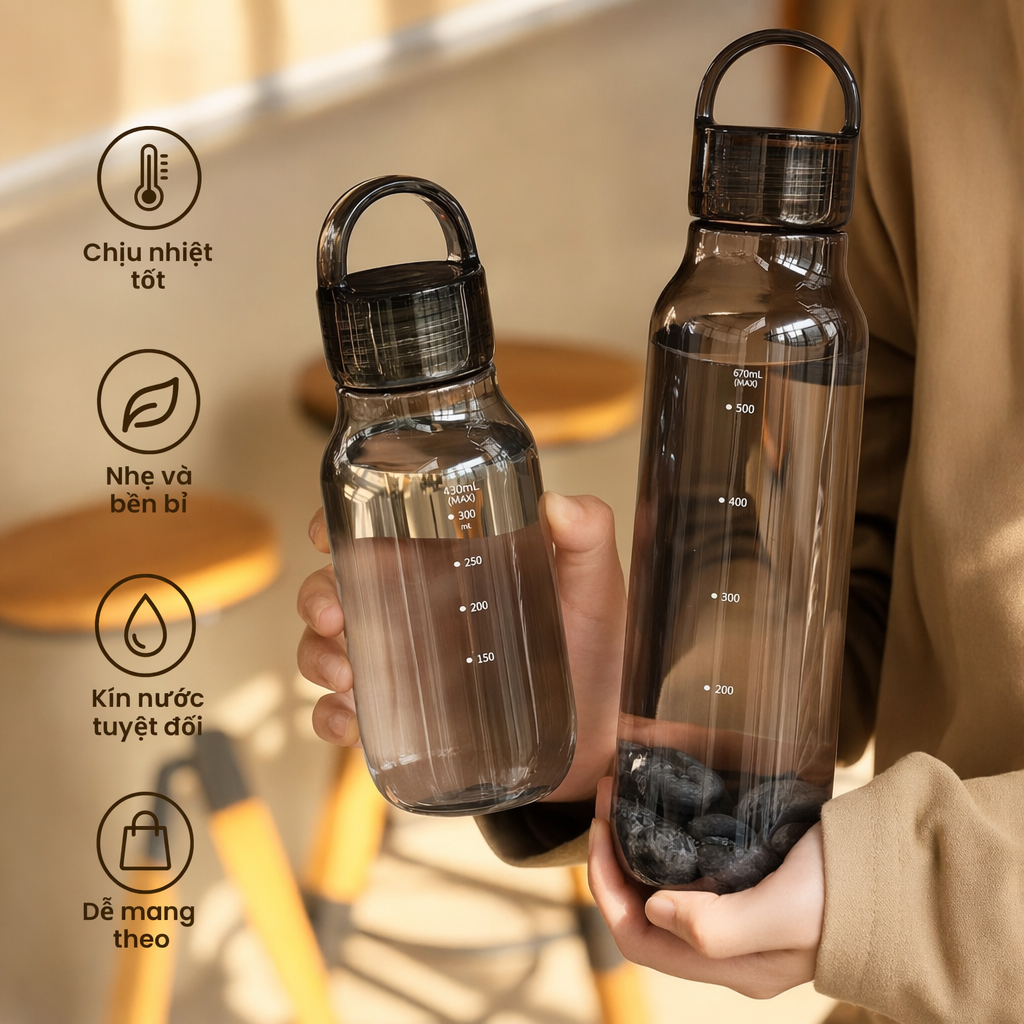 bình nước tritan dung tích 670 chai nước nắp bật chống rò rỉ chịu nhiệt an toàn bpa free dùng đi học dã ngoại
