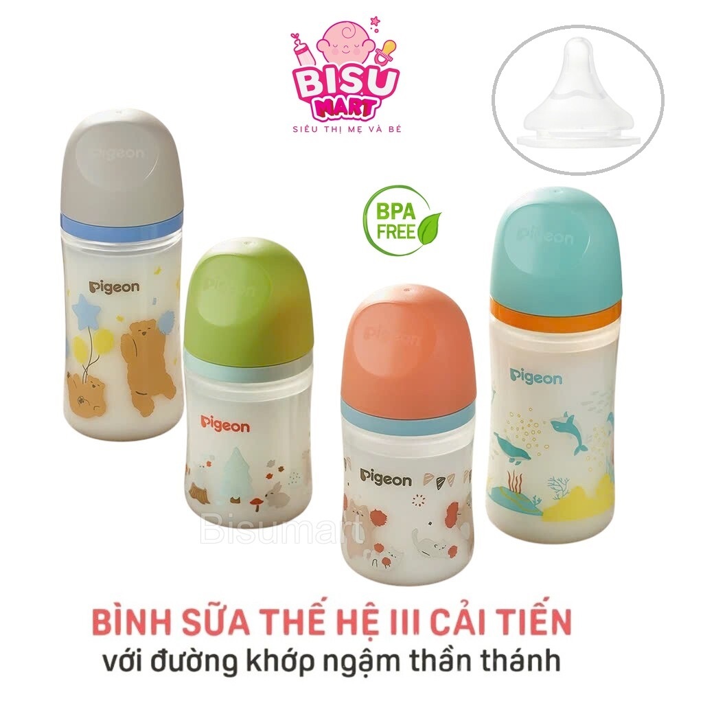  Bình sữa cổ rộng Pigeon cho bé Softouch PP Plus thế hệ 3 Hình thú dễ thương 