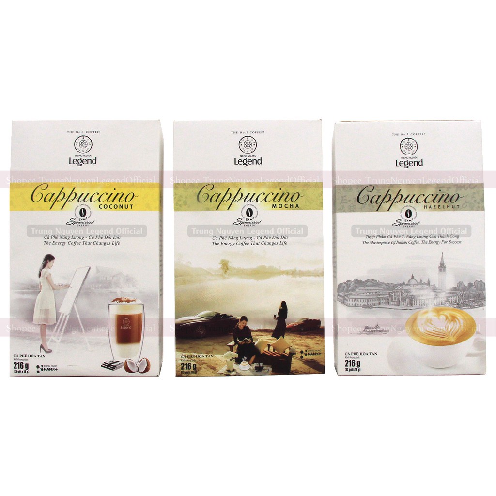 12 hộp cà phê gói legend cappuchino trung nguyên hộp 12 gói/18gr/gói