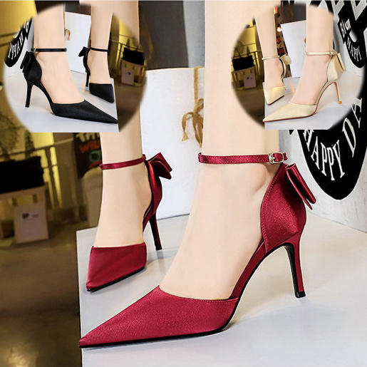 Giày Cao Gót Nữ Bít Mũi Phối Nơ Hậu Xinh Xắn Cao 7 Phân có 3 màu Đen, Đỏ, Kem Đủ Size - MS CG579