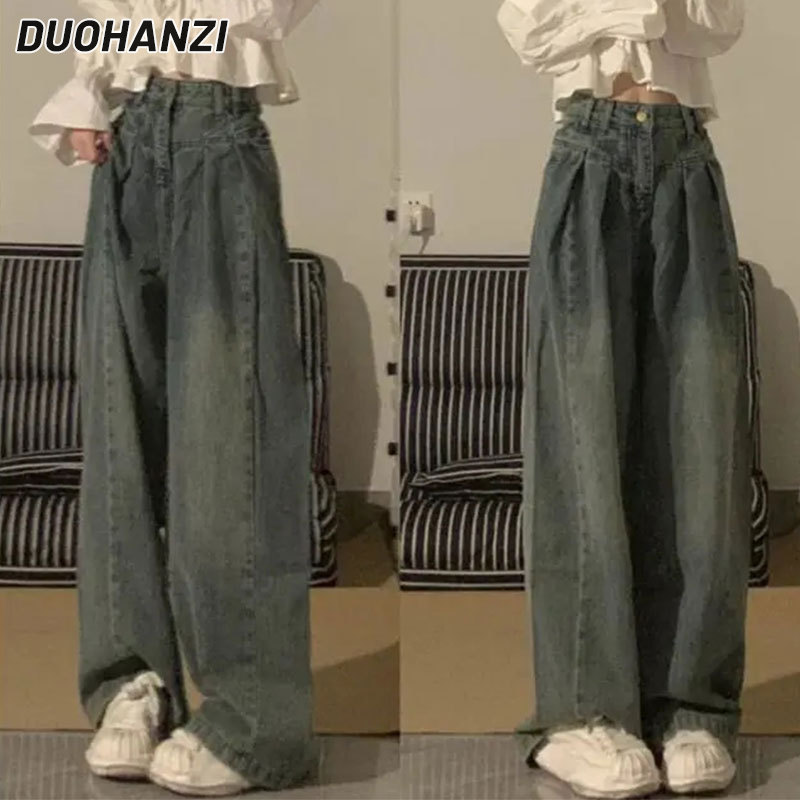 Duohanzi Retro Thời Trang Rửa Đau Khổ jean thẳng Cho Phụ Nữ eo cao Đa Năng Quần Legging rộng Sàn lau Quần