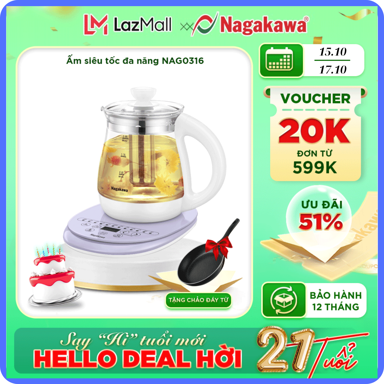 Ấm siêu tốc Nagakawa NAG0316 dung tích 1.8L ấm thủy tinh đa chức năng pha trà hoặc đun nấu thực phẩm