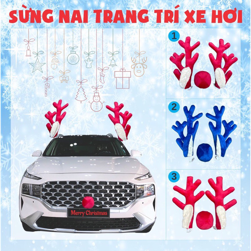 SÉT 2 SỪNG TUẦN LỘC SỪNG HƯƠU NHUNG VÀ MŨI ĐỎ TRANG TRÍ XE HƠI Ô TÔ DỊP GIÁNG SINH