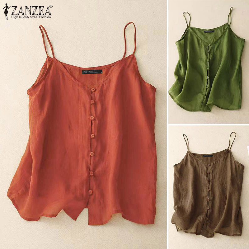 Esolo ZANZEA Women Summer V-Neck Sleeveless Solid Tank Suspende Buttons Loose Camisole Tops ราคา 139 บาท*ส่งฟรี