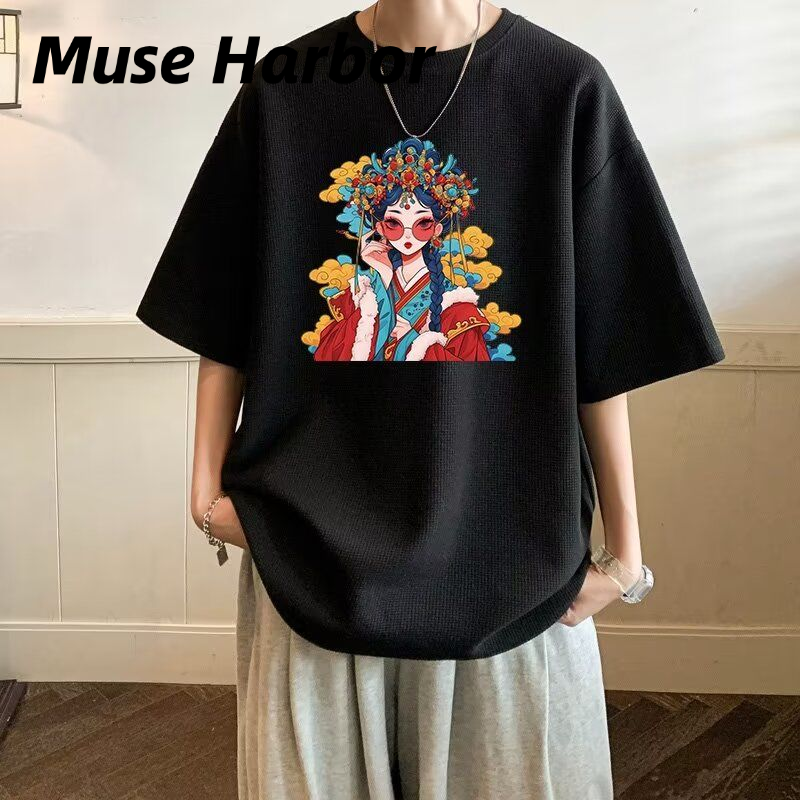Muse Harbor เสื้อยืดลายศิลปะจีนสไตล์ดั้งเดิม แขนสามส่วน คอวงกลม ใส่สบายในฤดูร้อน ราคา 69 บาท*ส่งฟรี