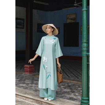 Áo Dài suông chất liệu linen tơ thêu hoa nổi - Xanh | Hà Cúc