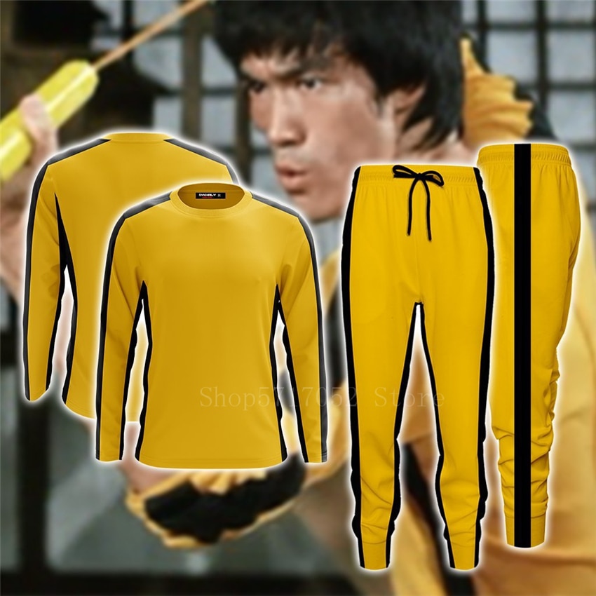 Võ thuật Bộ người đàn ông cosplay Bruce Lee cổ điển màu vàng Kung Fu đồng phục trang phục của cái chết Truyền Thống Trung Quốc Wushu Tracksuit