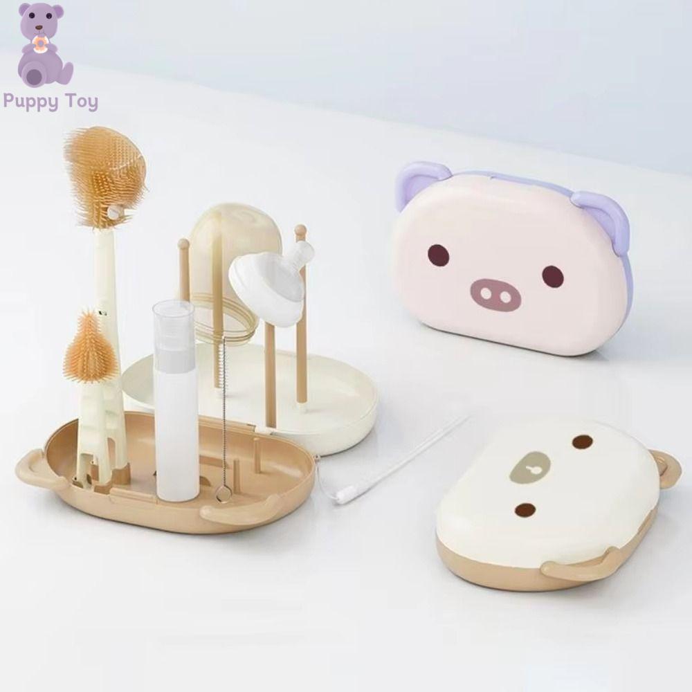 TESDFD Nhỏ gọn Bộ bàn chải vệ sinh chai lọ Bọt biển nylon Di động Bộ dụng cụ làm sạch ống hút núm vú Giá phơi đồ Có tay cầm dài Bộ bàn chải chai sữa Làm sạch bình sữa cho bé