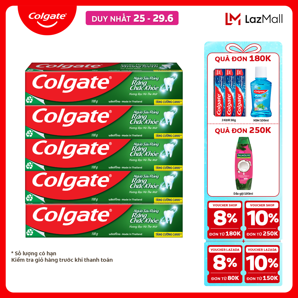 [Chỉ 25-29.6_X2 Voucher giảm đến 20%] Bộ 5 Kem đánh răng Colgate ngừa sâu răng răng chắc khỏe 100g/tuýp