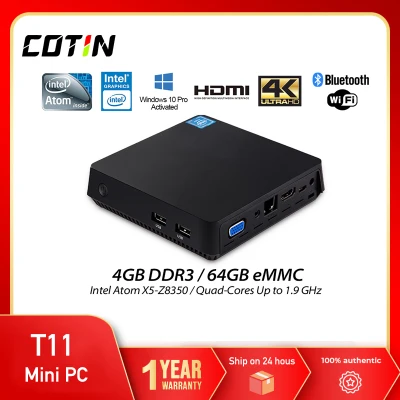 COTIN New 2021 T11 MINI PC Intel X5 Z8350 1.92GHz 4GB+64GB Wnidows 10 licensed support 2.5 inch HDD, VGA&HDMI dual output, WIN10 TV BOX
