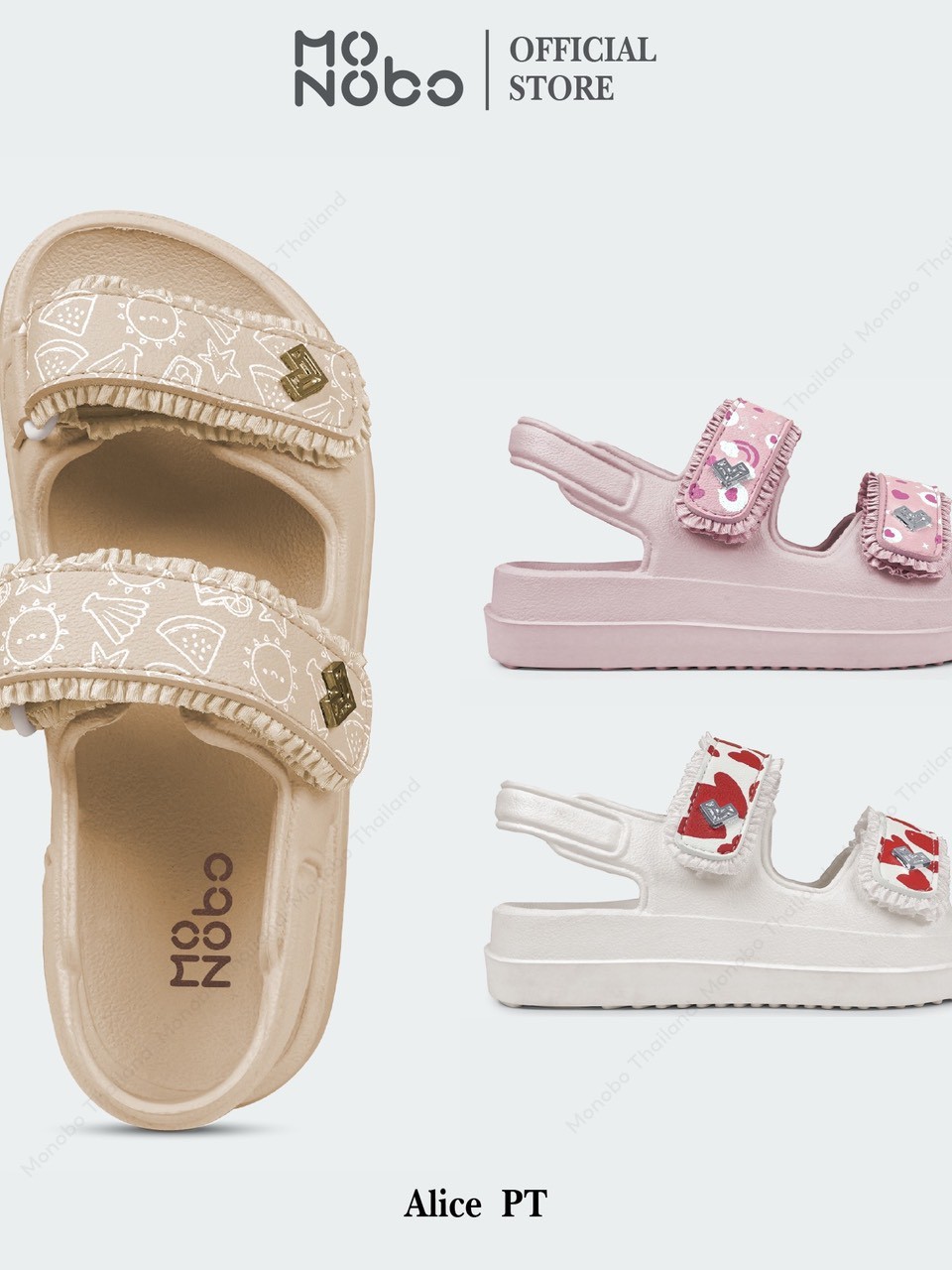 Monobo รุ่น Alice PT(Valentine)รองเท้าแตะสายคู่สวมง่าย ลุคน่ารักสายหวาน ตกแต่งโลโก้ทรงเพชร พื้นนุ่ม เดินสบาย ของแท้ 100% ราคา 990 บาท*ส่งฟรี