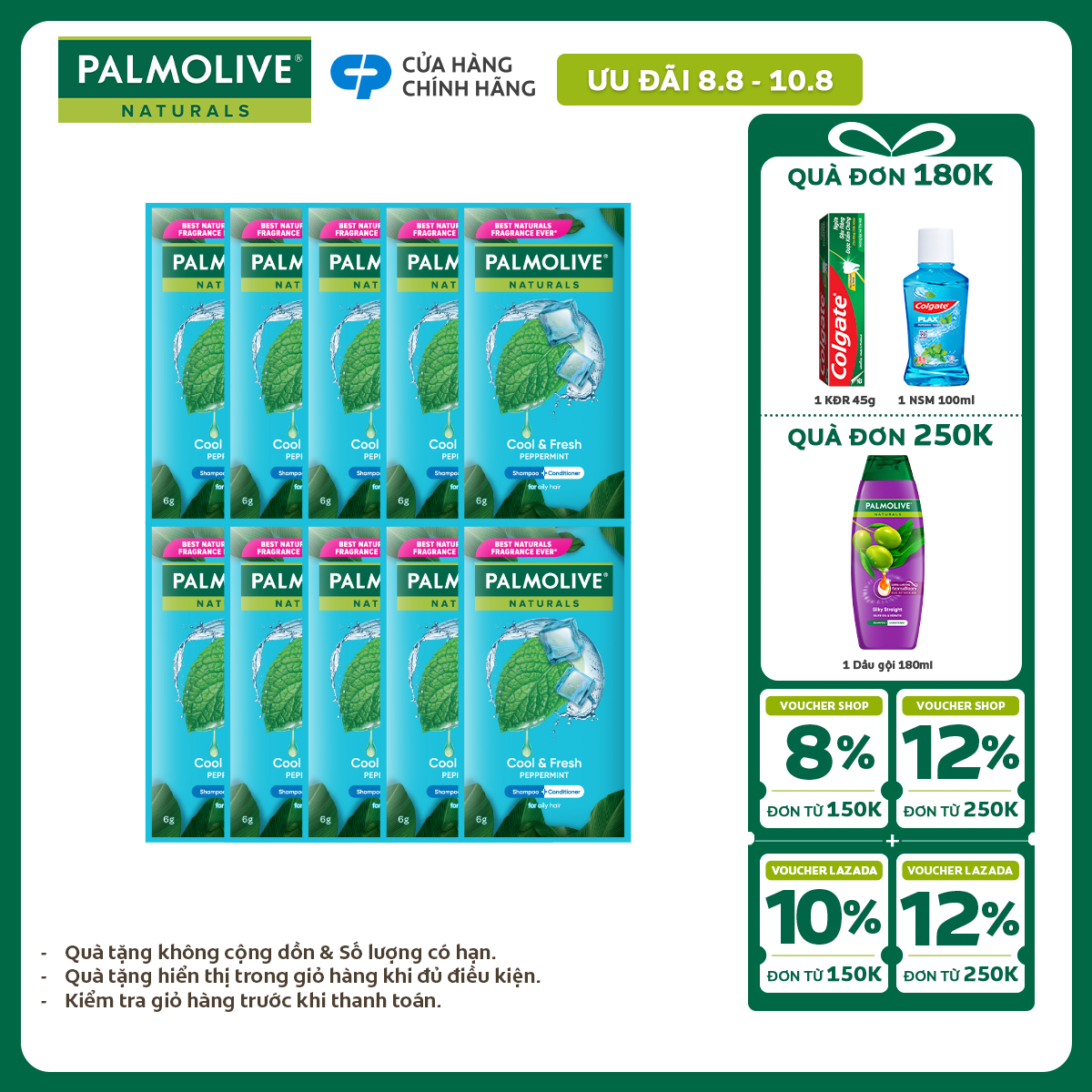 Bộ 10 gói Dầu gội Palmolive kèm dầu xả chiết xuất thiên nhiên 6g x 10