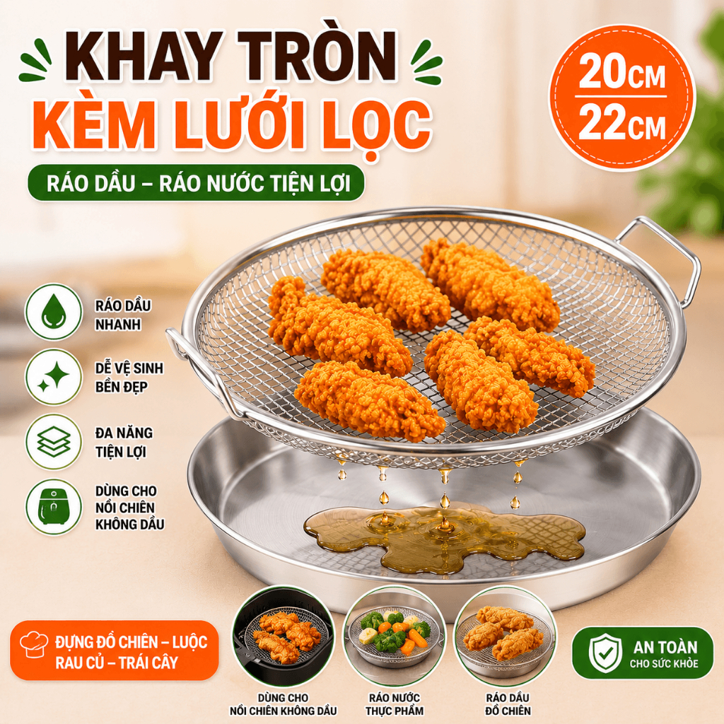 [MẪU HOT 2026] Bộ Khay Đĩa 20cm - 22cm Kèm Vỉ Lọc Dầu – Đựng Đồ Chiên, Luộc Ráo Dầu Nước Tiện Lợi