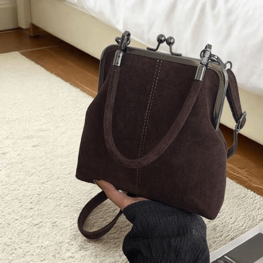 HERWK Khóa hôn Túi xách mờ retro PU Dung lượng lớn Túi đeo chéo bằng da Thanh lịch Đóng cửa bằng kẹp Túi đeo vai clutch Chuyến đi du lịch - 3