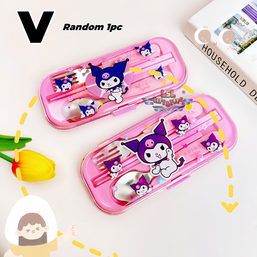 [H-250] LSL GIFTS Kitty Doreamon Frozen Melody Spider Kids Stainless Steel Plastic Spoon Fork Chopsticks Tableware Set
