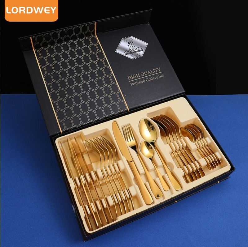 LORDWEY 24-Piece Gold Cutlery Set Stainless Steel Cutlery Gift box Set - Mirror Polished Luxury Western Steak Knife And Spoon ราคา 595 บาท*ส่งฟรี