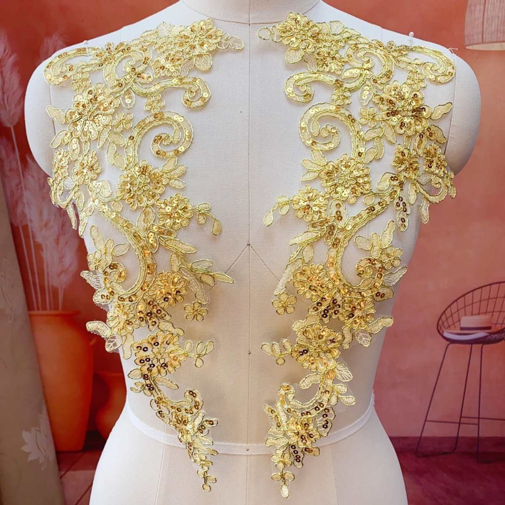 CANGMOTION 2Pcs/Set Lace Tulle Sequin Embroidery Applique Fabric Flower Polyester Baroque Lace Fabric Fashion Sequined Embroidery Flower Patch Collar Wedding Dress