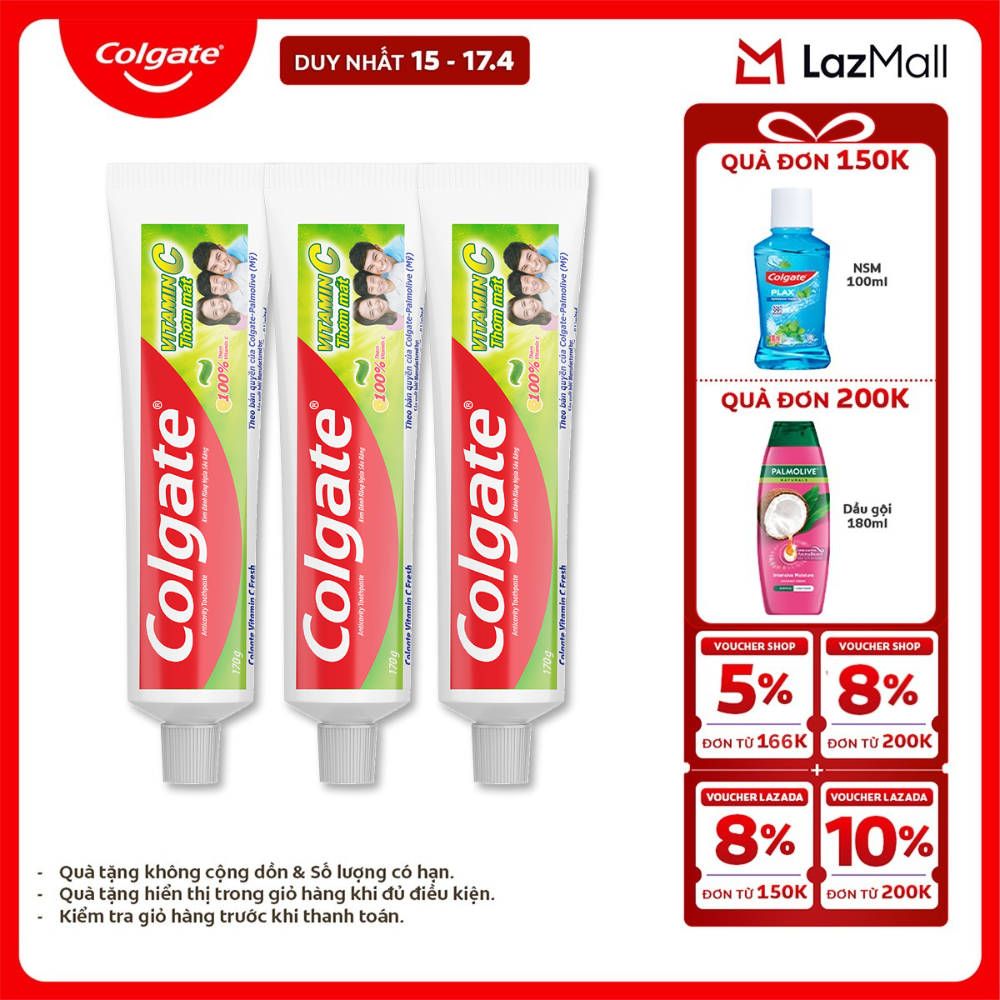 [Chỉ 15-17.4_X2 Voucher giảm đến 18%] Bộ 3 Kem đánh răng Colgate Vitamin C thơm mát 170g/ tuýp