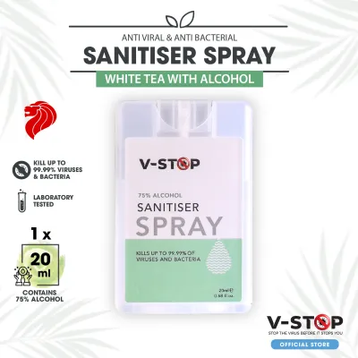 V-STOP Antiviral & Antibacterial 75% Alcohol Card Sanitiser Spray White Tea - 20ml