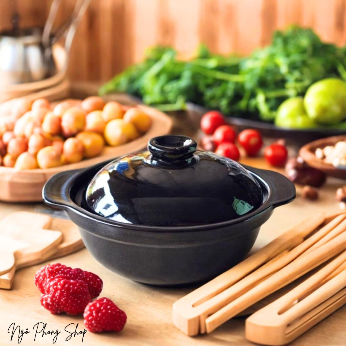 Nồi đất đen nắp sứ số 5 - Nồi đất cạn nồi sứ nhỏ kho quẹt kho tộ chịu nhiệt tốt