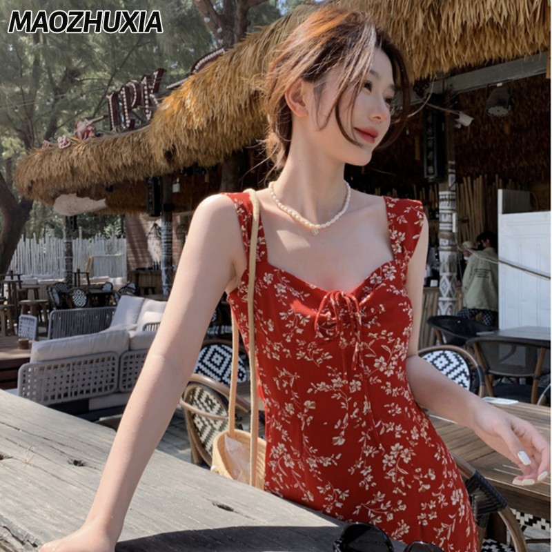 Maozhuxia Pháp Hoa đỏ váy yếm váy đi biển kỳ nghỉ bên bờ biển mới
