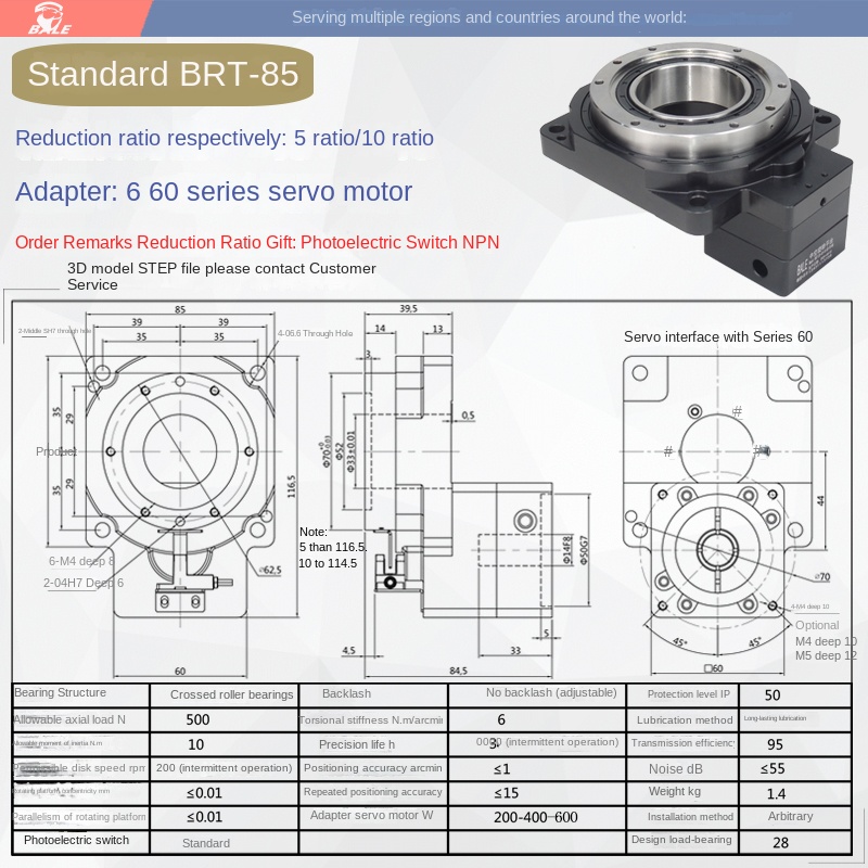Bệ Xoay Rỗng BRT60-460, Tỷ Số Giảm 5/10/18, Nema 17-42, Servo/Step, Đồng Trục, Công Nghiệp, Đông Quan, T.General - Brt85 5/10(60 SV